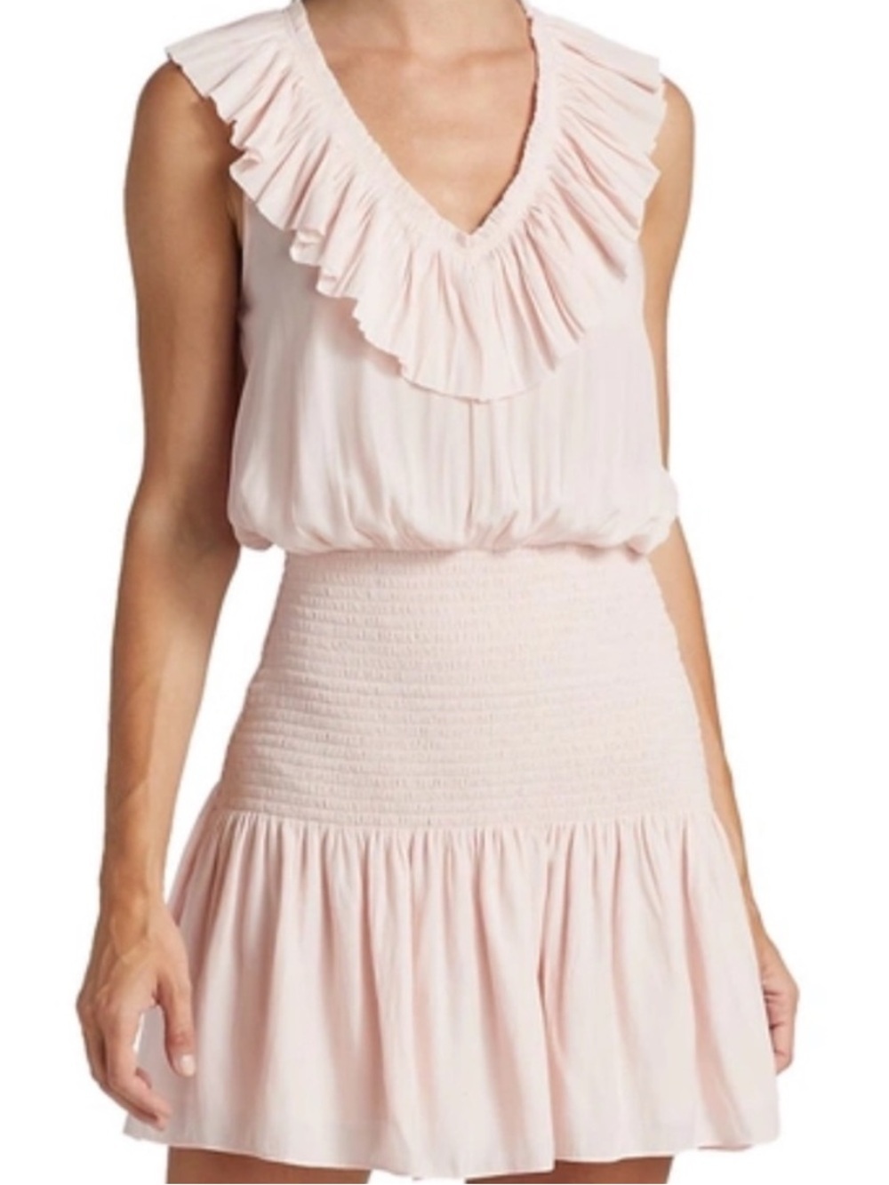 Ramy Brook Ellery Blush Pink Ruffle V-Neck Smocked Mini Dress